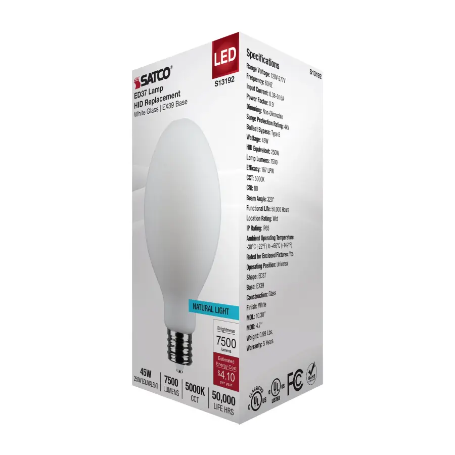 45 Watt LED HID Replacement - ED37 - 5000K - Extended Mogul Base - White - 120-277 Range Voltage - Image 7