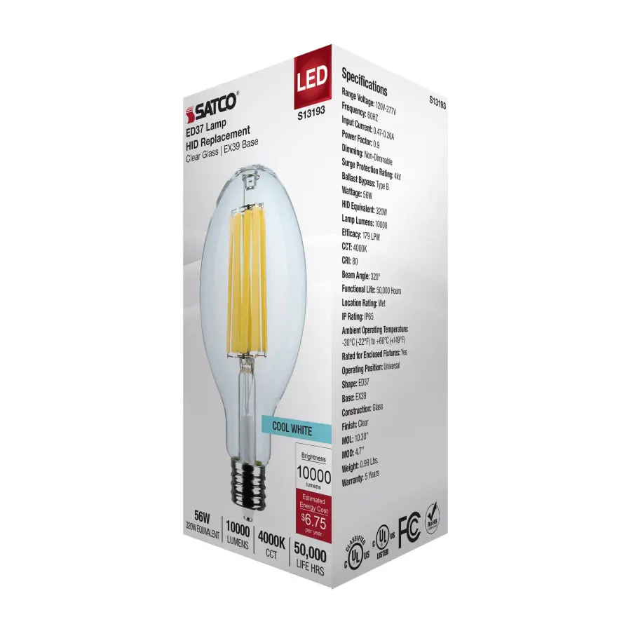 56 Watt LED HID Replacement - ED37 - 4000K - Extended Mogul Base - Clear - 120-277 Range Voltage - Image 7