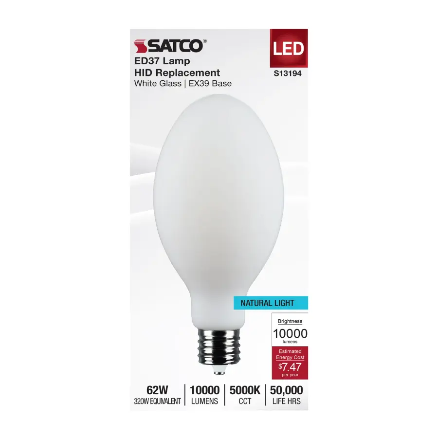62 Watt LED HID Replacement - ED37 - 5000K - Extended Mogul Base - White - 120-277 Range Voltage - Image 3