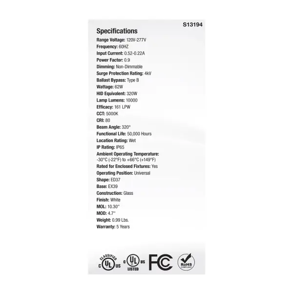 62 Watt LED HID Replacement - ED37 - 5000K - Extended Mogul Base - White - 120-277 Range Voltage - Image 5