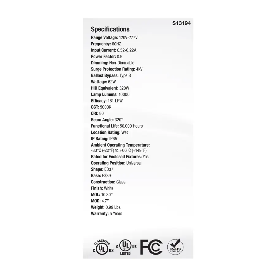 62 Watt LED HID Replacement - ED37 - 5000K - Extended Mogul Base - White - 120-277 Range Voltage - Image 5