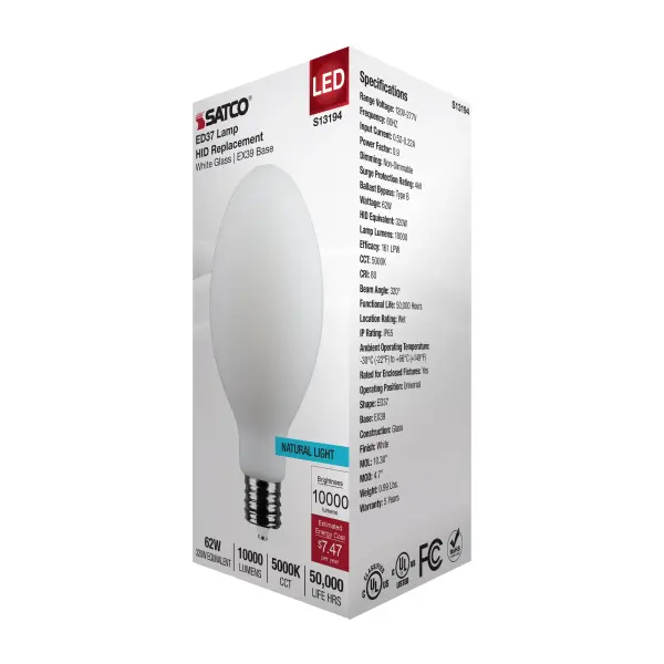 62 Watt LED HID Replacement - ED37 - 5000K - Extended Mogul Base - White - 120-277 Range Voltage - Image 7