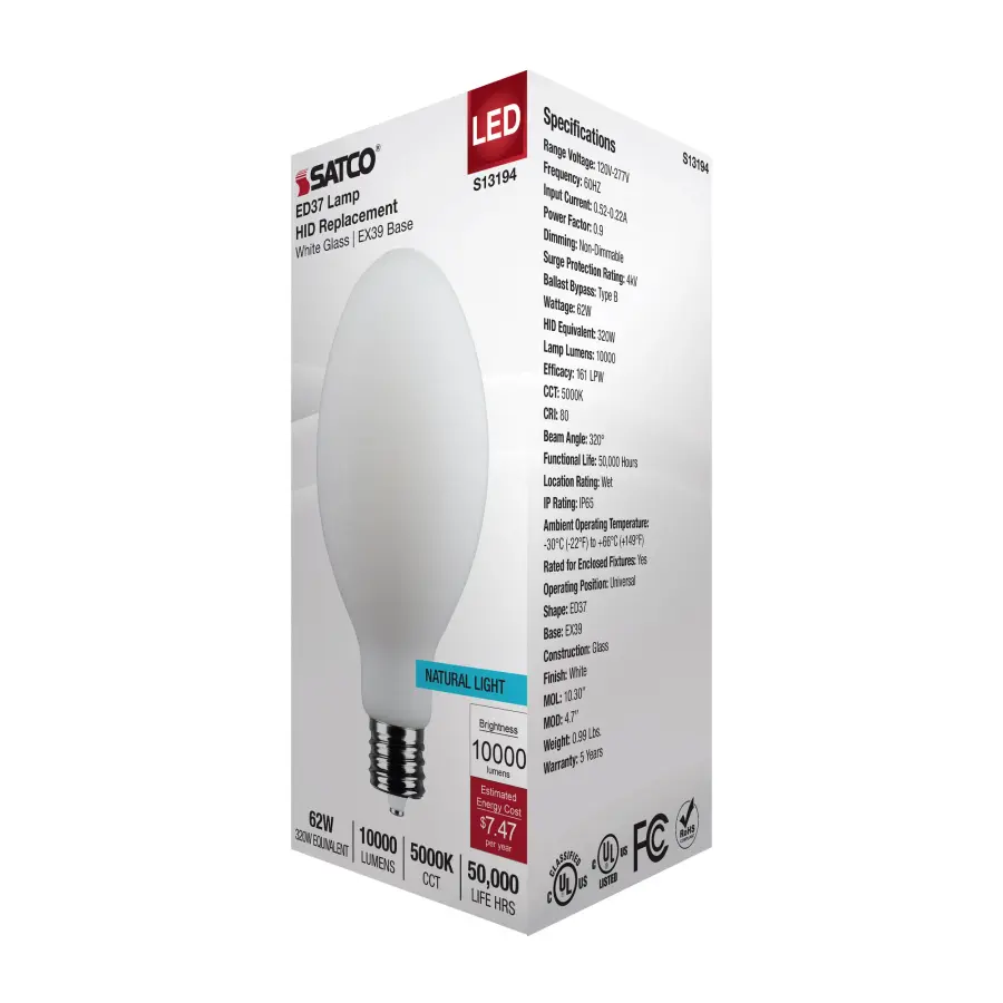 62 Watt LED HID Replacement - ED37 - 5000K - Extended Mogul Base - White - 120-277 Range Voltage - Image 7
