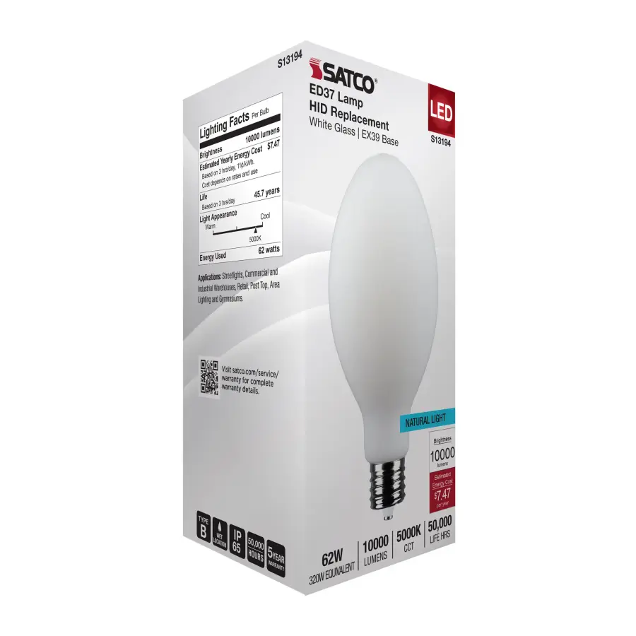 62 Watt LED HID Replacement - ED37 - 5000K - Extended Mogul Base - White - 120-277 Range Voltage - Image 8