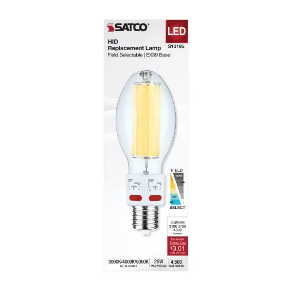 SATCO NUVO's LED HID Replacement Lamps are an energy efficient alternative to traditional HID lamps. Offered in a field selectable ED28 model or CCT selectable in ED28 and ED37 models. Designed for use in type B ballast bypass applications, these lamps make the transition to LED lamps easy. Enjoy long-lasting and low-maintenance lighting in warehouses, post top and area lights, gymnasiums and more. - alternate view