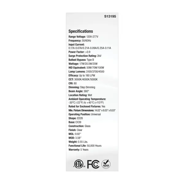 17/20.5/25 Wattage Selectable LED HID Replacement - ED28 - 3000K/4000K/5000K CCT Selectable - Mogul Extended Base - Clear - 120-277 Range Voltage - Image 4