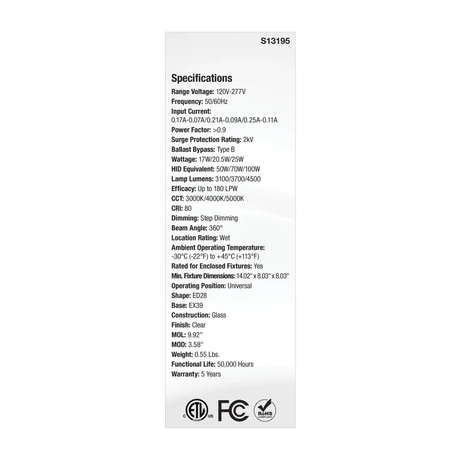 17/20.5/25 Wattage Selectable LED HID Replacement - ED28 - 3000K/4000K/5000K CCT Selectable - Mogul Extended Base - Clear - 120-277 Range Voltage - Image 4