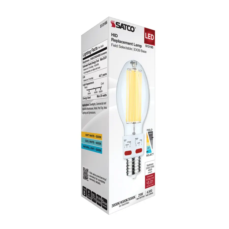 17/20.5/25 Wattage Selectable LED HID Replacement - ED28 - 3000K/4000K/5000K CCT Selectable - Mogul Extended Base - Clear - 120-277 Range Voltage - Image 6