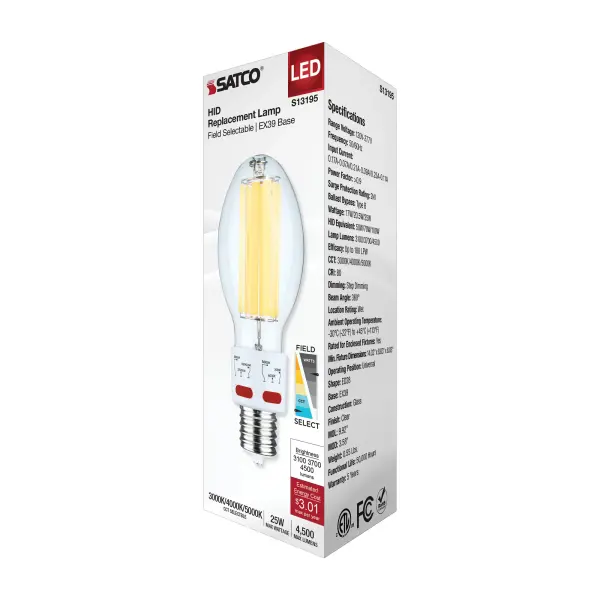 17/20.5/25 Wattage Selectable LED HID Replacement - ED28 - 3000K/4000K/5000K CCT Selectable - Mogul Extended Base - Clear - 120-277 Range Voltage - Image 7