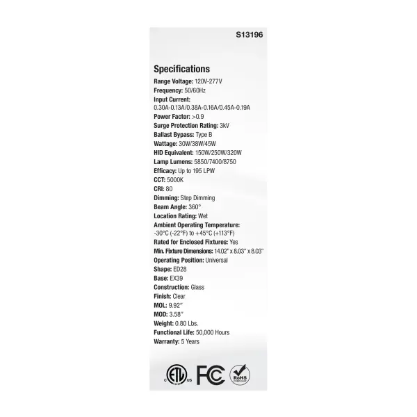 30/38/45 Wattage Selectable LED HID Replacement - ED28 - 5000K - Mogul Extended Base - Clear - 120-277 Range Voltage - Image 4