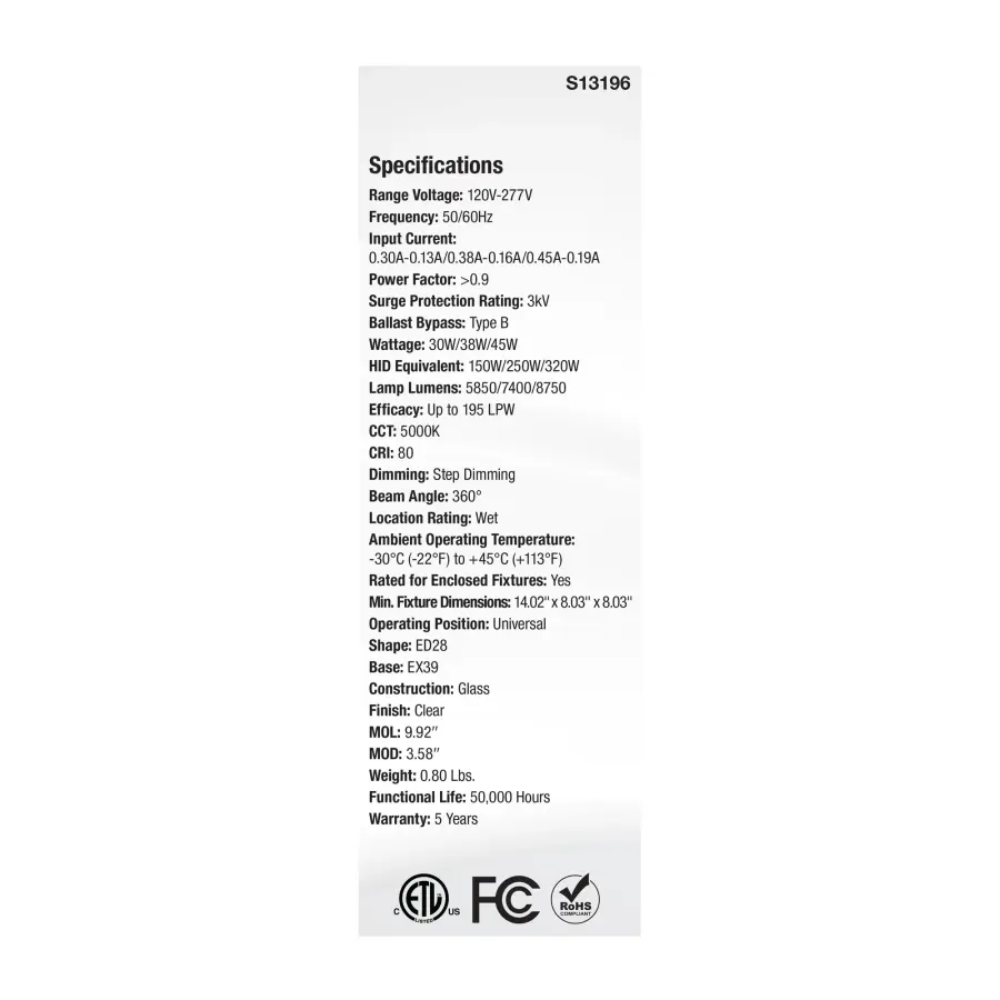 30/38/45 Wattage Selectable LED HID Replacement - ED28 - 5000K - Mogul Extended Base - Clear - 120-277 Range Voltage - Image 4