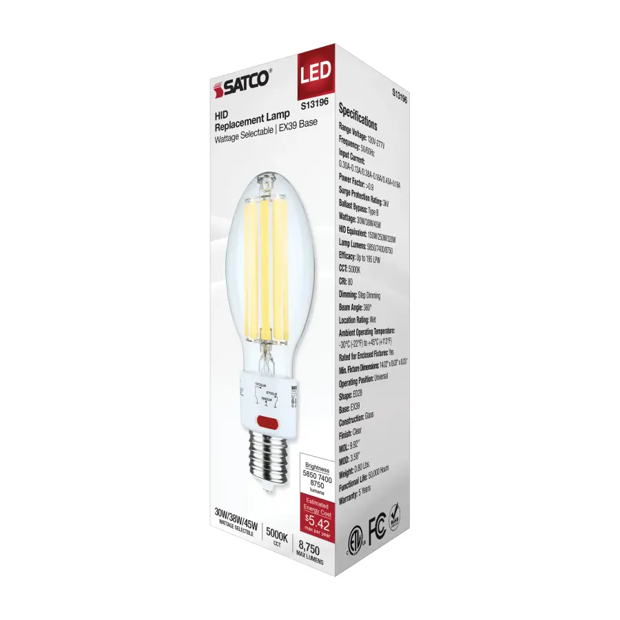 30/38/45 Wattage Selectable LED HID Replacement - ED28 - 5000K - Mogul Extended Base - Clear - 120-277 Range Voltage - Image 7