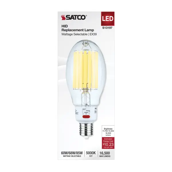 SATCO NUVO's LED HID Replacement Lamps are an energy efficient alternative to traditional HID lamps. Offered in a field selectable ED28 model or CCT selectable in ED28 and ED37 models. Designed for use in type B ballast bypass applications, these lamps make the transition to LED lamps easy. Enjoy long-lasting and low-maintenance lighting in warehouses, post top and area lights, gymnasiums and more. - alternate view