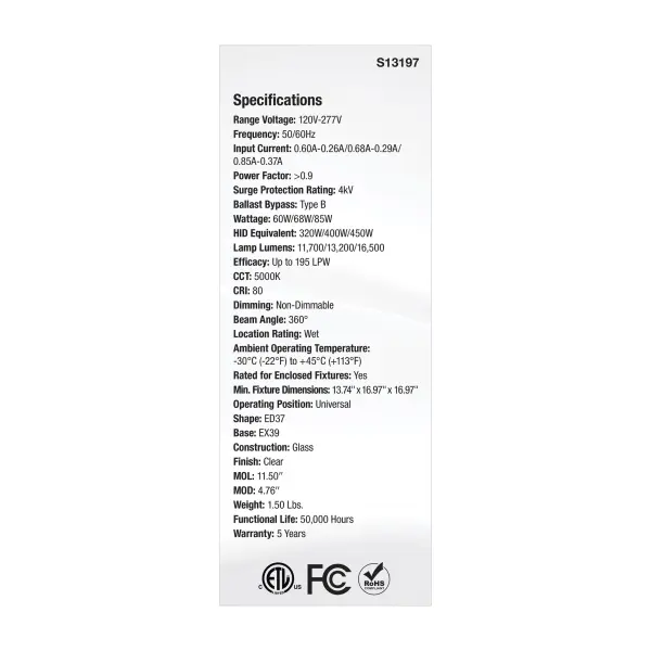 60/68/85 Wattage Selectable LED HID Replacement - ED37 - 5000K - Mogul Extended Base - Clear - 120-277 Range Voltage - Image 4