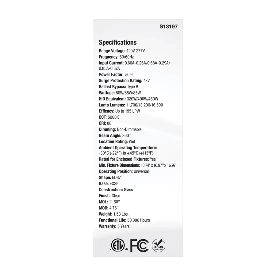 60/68/85 Wattage Selectable LED HID Replacement - ED37 - 5000K - Mogul Extended Base - Clear - 120-277 Range Voltage - Image 4