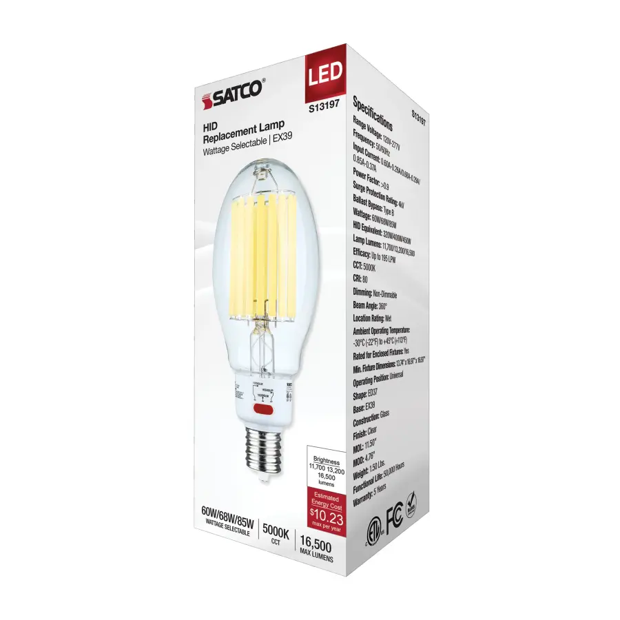 60/68/85 Wattage Selectable LED HID Replacement - ED37 - 5000K - Mogul Extended Base - Clear - 120-277 Range Voltage - Image 7