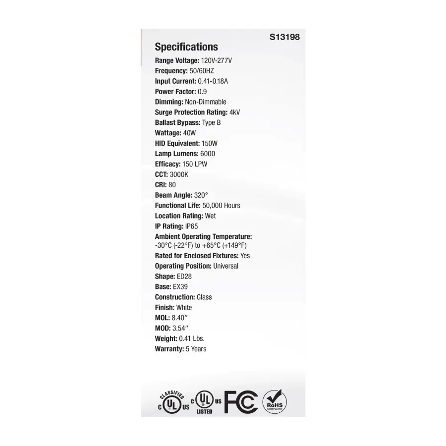 40 Watt LED HID Replacement - ED28 - 3000K CCT - Mogul Extended Base - 120-277 Range Voltage - Image 6
