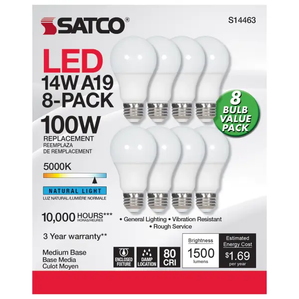 Satco's 14-watt, A19 LED bulb with a medium base offers warm white light with a 220 degree beam spread. Damp rated for use in residential and commercial applications, this bulb is sold in a convenient 8-pack. Elegant and long-lasting, this bulb delivers 10,000 hours of exceptional illumination. - alternate view