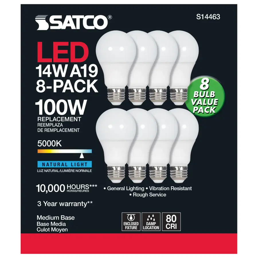 14 Watt A19 LED - 5000K - Non-Dimmable - E26 - 80 CRI - 8-pack - Image 3