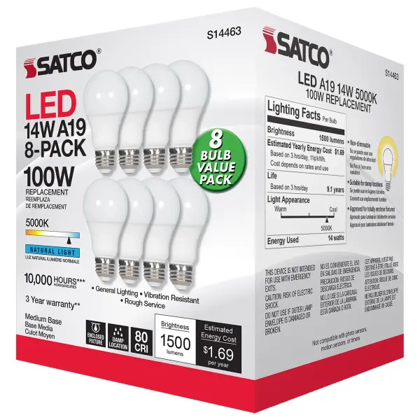 14 Watt A19 LED - 5000K - Non-Dimmable - E26 - 80 CRI - 8-pack - Image 4