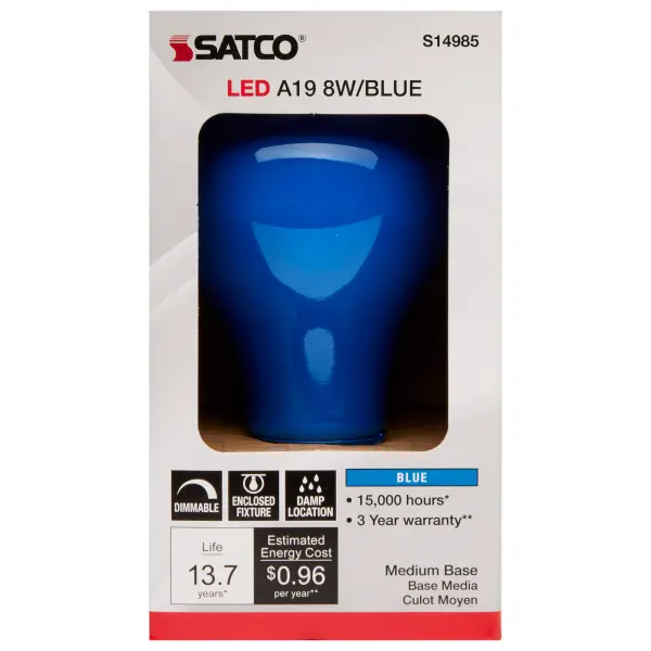 Satco's 8 watt A19 ceramic LED bulb is perfect for decorative lighting, holidays, support and celebratory lighting. The ceramic blue bulb features a medium base and a 360 degree beam spread. The dimmable lamp provides 15,000 hours of LED lighting. - alternate view