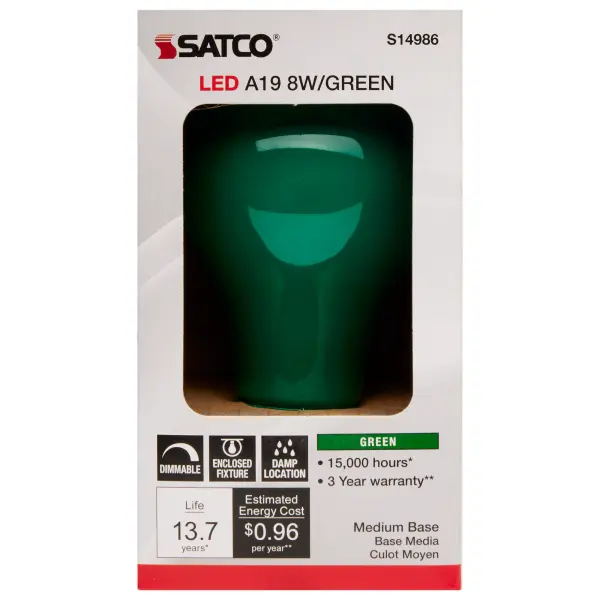 Satco's S14986 8 watt A19 ceramic LED bulb is perfect for decorative lighting, holidays, support and celebratory lighting. The ceramic green bulb features a medium base and a 360 degree beam spread. The dimmable lamp provides 15,000 hours of LED lighting. - alternate view