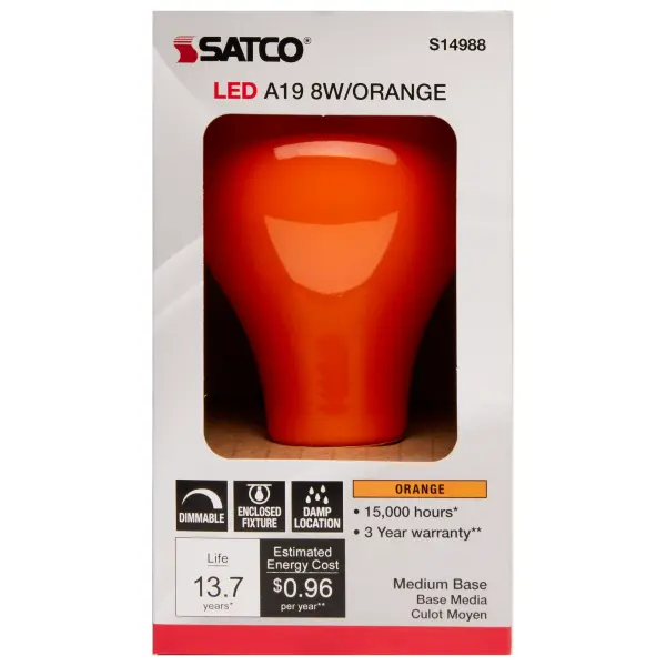 Satco's 8 watt A19 ceramic LED bulb is perfect for decorative lighting, holidays, support and celebratory lighting. The ceramic orange bulb features a medium base with a 360 degree beam spread. The dimmable lamp provides 15,000 hours of LED lighting. - alternate view