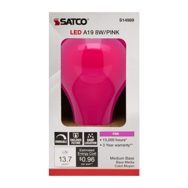 Satco's 8 watt A19 ceramic LED bulb is perfect for decorative lighting, holidays, support and celebratory lighting. The ceramic pink bulb features a medium base with a 360 degree beam spread. The dimmable lamp provides 15,000 hours of LED lighting. - alternate view