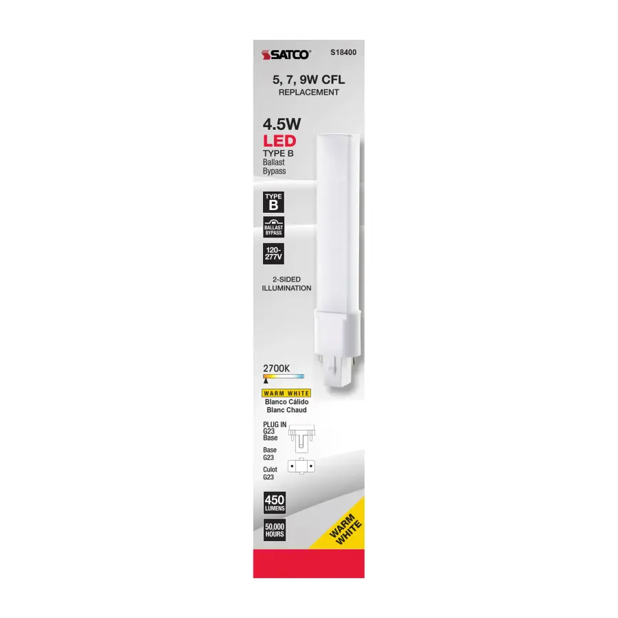 4.5 Watt LED PL 2-PIN - 2700K - 450 Lumens - G23 base - 50000 Average rated hours - 360 deg. Beam Angle - 120-277 Volt - Type B - Ballast Bypass - Image 5