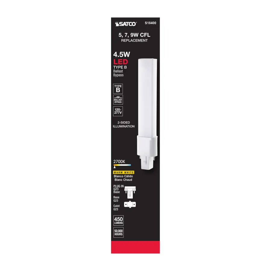 4.5 Watt LED PL 2-PIN - 2700K - 450 Lumens - G23 base - 50000 Average rated hours - 360 deg. Beam Angle - 120-277 Volt - Type B - Ballast Bypass - Image 6