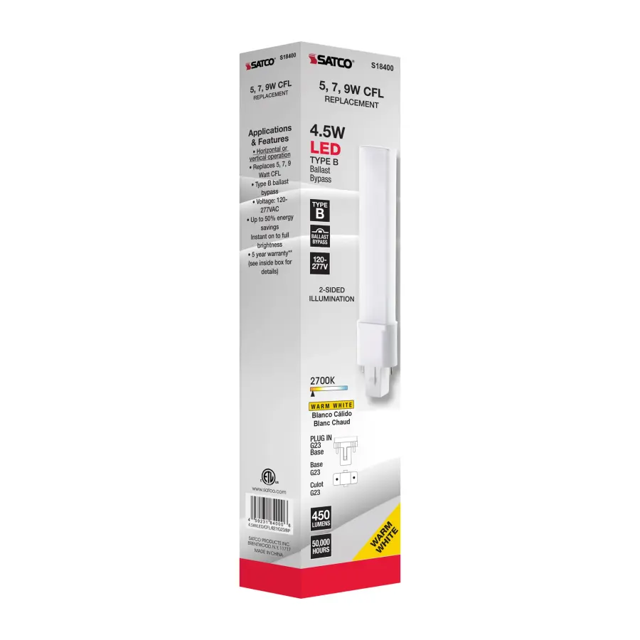 4.5 Watt LED PL 2-PIN - 2700K - 450 Lumens - G23 base - 50000 Average rated hours - 360 deg. Beam Angle - 120-277 Volt - Type B - Ballast Bypass - Image 9