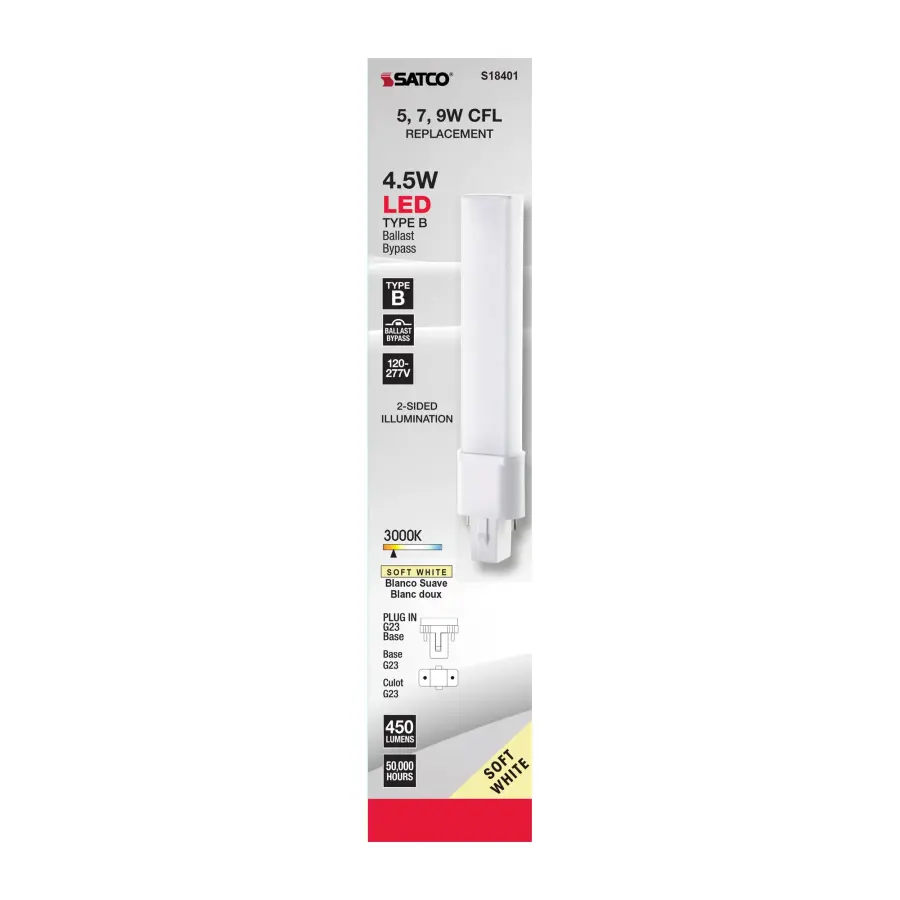 4.5 Watt LED PL 2-PIN - 3000K - 450 Lumens - G23 base - 50000 Average rated hours - 360 deg. Beam Angle - 120-277 Volt - Type B - Ballast Bypass - Image 5