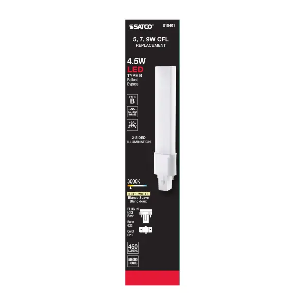 4.5 Watt LED PL 2-PIN - 3000K - 450 Lumens - G23 base - 50000 Average rated hours - 360 deg. Beam Angle - 120-277 Volt - Type B - Ballast Bypass - Image 6