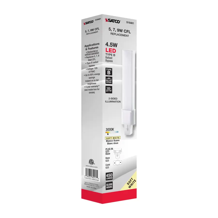 4.5 Watt LED PL 2-PIN - 3000K - 450 Lumens - G23 base - 50000 Average rated hours - 360 deg. Beam Angle - 120-277 Volt - Type B - Ballast Bypass - Image 9