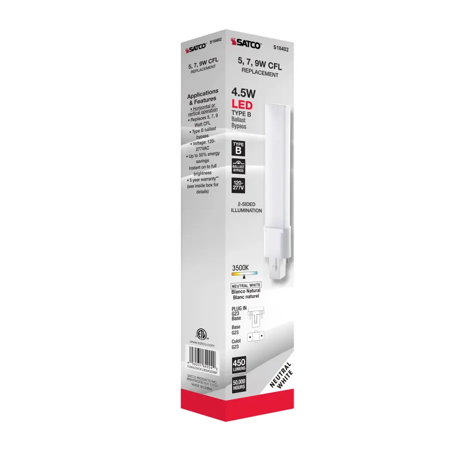 4.5 Watt LED PL 2-PIN - 3500K - 450 Lumens - G23 base - 50000 Average rated hours - 360 deg. Beam Angle - 120-277 Volt - Type B - Ballast Bypass - Image 9