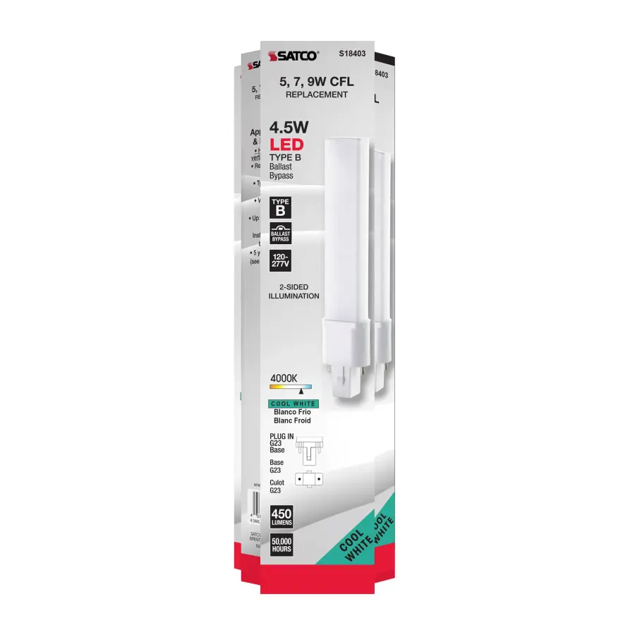 4.5 Watt LED PL 2-PIN - 4000K - 450 Lumens - G23 base - 50000 Average rated hours - 360 deg. Beam Angle - 120-277 Volt - Type B - Ballast Bypass - Image 5