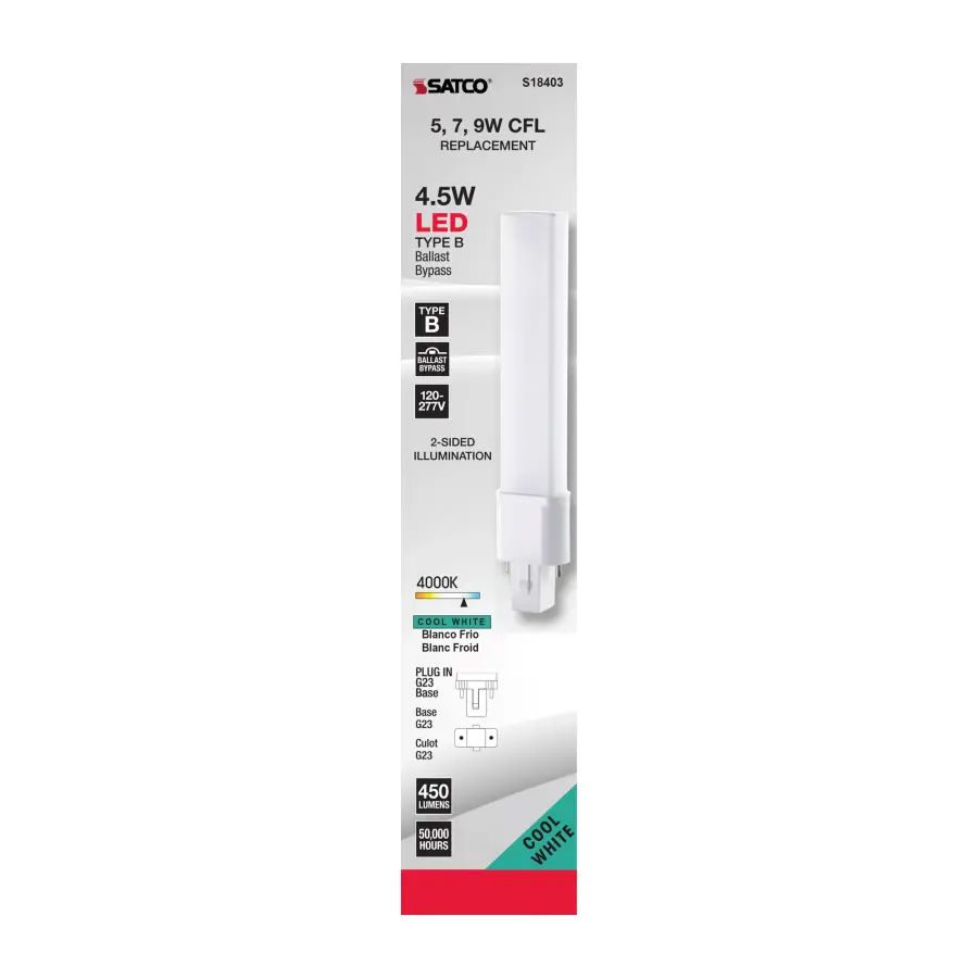 4.5 Watt LED PL 2-PIN - 4000K - 450 Lumens - G23 base - 50000 Average rated hours - 360 deg. Beam Angle - 120-277 Volt - Type B - Ballast Bypass - Image 6