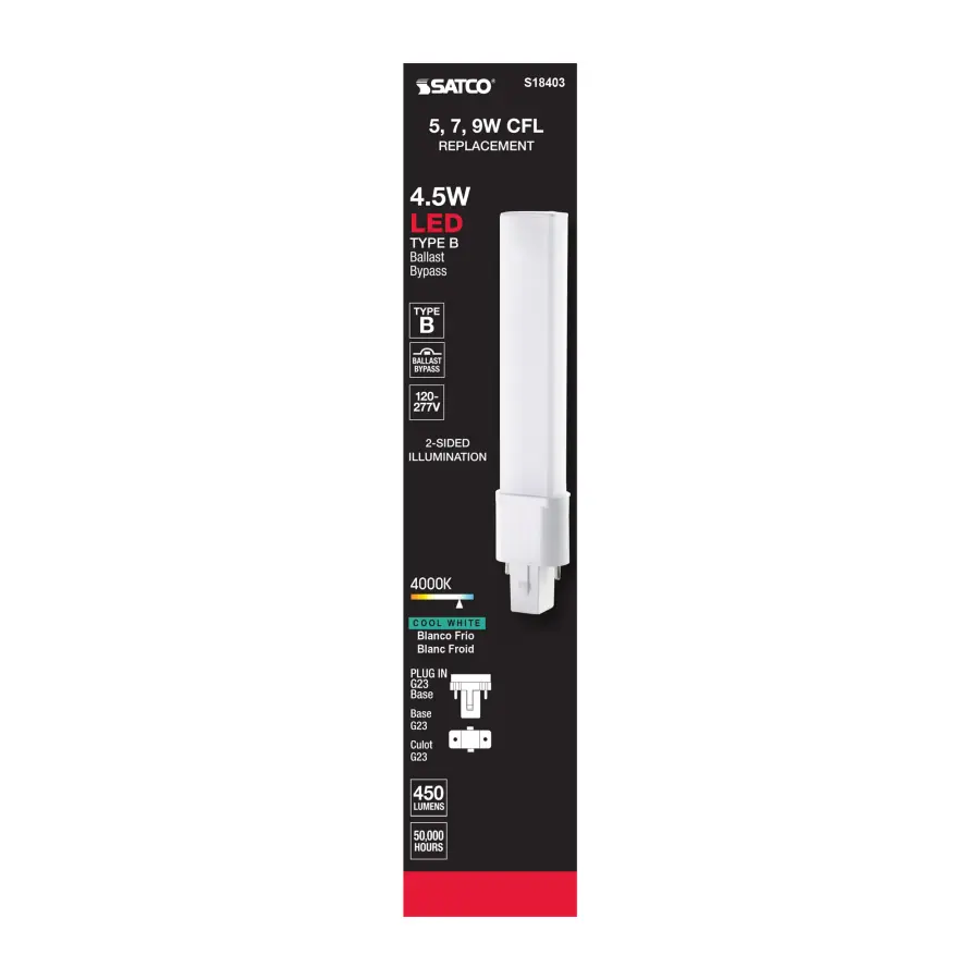 4.5 Watt LED PL 2-PIN - 4000K - 450 Lumens - G23 base - 50000 Average rated hours - 360 deg. Beam Angle - 120-277 Volt - Type B - Ballast Bypass - Image 7