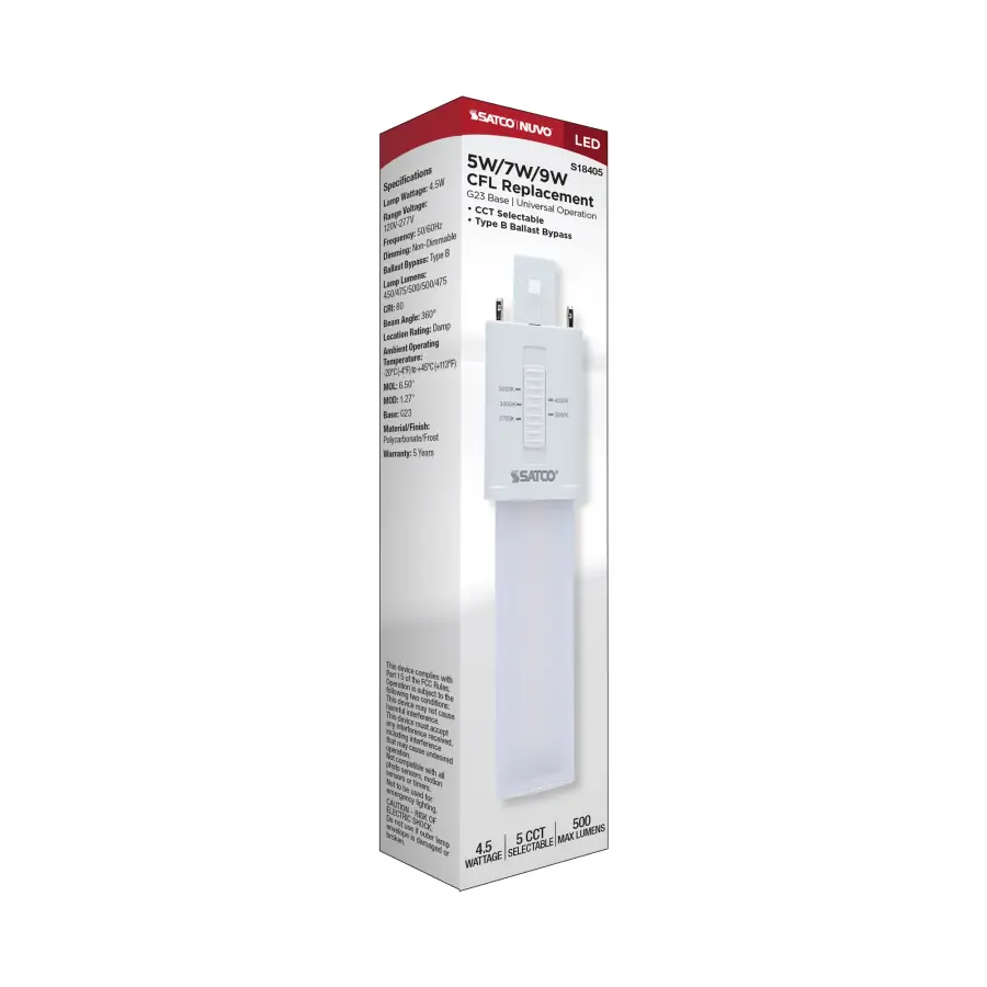 4.5 Watt LED PL 2-PIN - G23 Base - 27K/30K/35K/40K/50K CCT Selectable - 120-277 Volt - Type B - Ballast Bypass - Image 10
