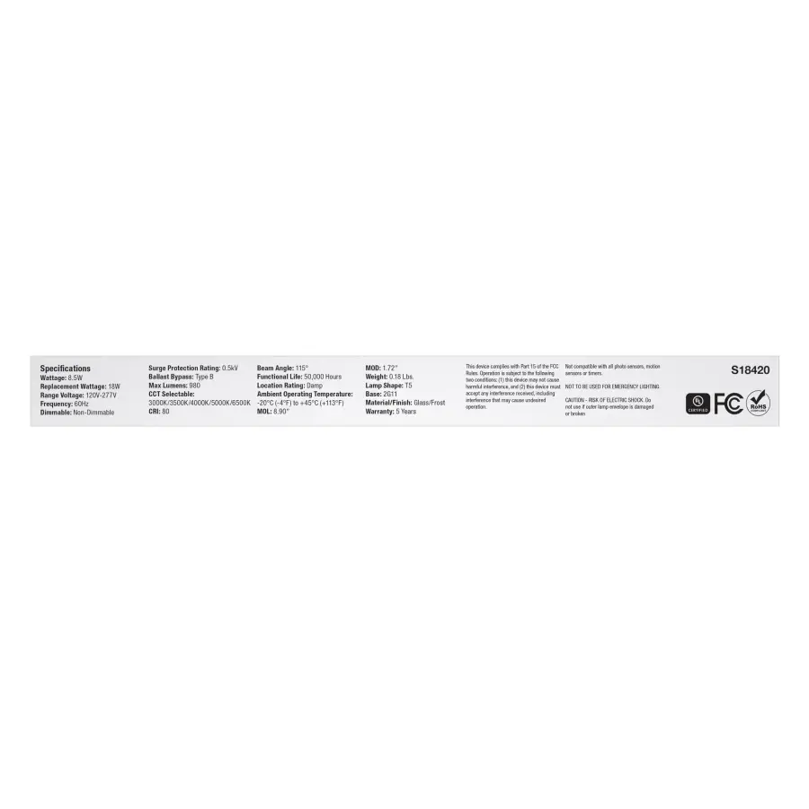 8.5 Watt PLL LED - 2G11 Base - 30K/35K/40K/50K/65K CCT Selectable - Ballast Bypass - 120-277 Volt - Image 6
