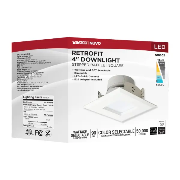 LED Retrofit Downlight - 5.5/6.5/8 Wattage Selectable - CCT and Lumens Selectable - 120 Volt - ColorQuick and PowerQuick Technology - Square - White Finish - Image 13