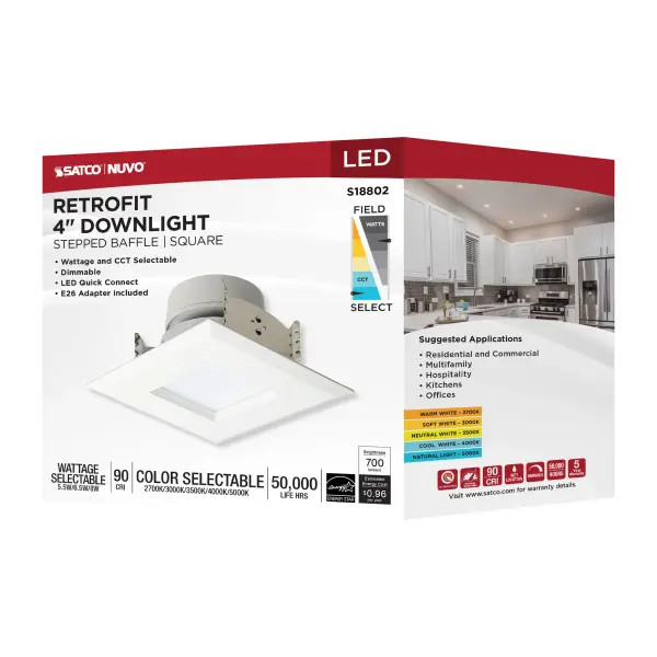 LED Retrofit Downlight - 5.5/6.5/8 Wattage Selectable - CCT and Lumens Selectable - 120 Volt - ColorQuick and PowerQuick Technology - Square - White Finish - Image 14