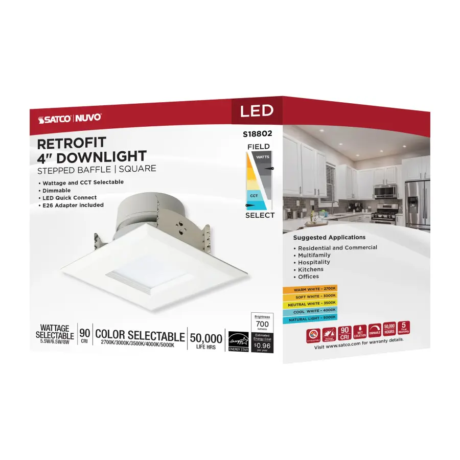 LED Retrofit Downlight - 5.5/6.5/8 Wattage Selectable - CCT and Lumens Selectable - 120 Volt - ColorQuick and PowerQuick Technology - Square - White Finish - Image 14