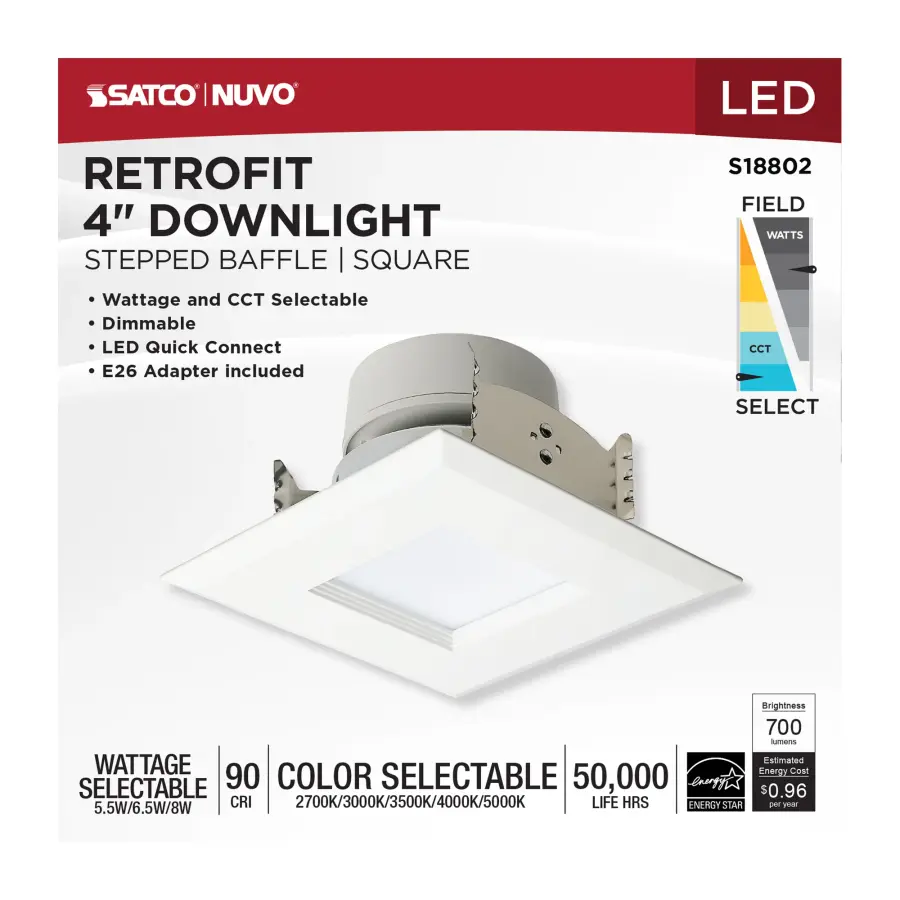 LED Retrofit Downlight - 5.5/6.5/8 Wattage Selectable - CCT and Lumens Selectable - 120 Volt - ColorQuick and PowerQuick Technology - Square - White Finish - Image 9