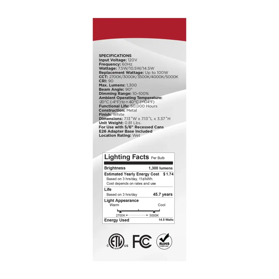 LED Retrofit Downlight - 7.5/10.5/14.5 Wattage Selectable - CCT and Lumens Selectable - 120 Volt - ColorQuick and PowerQuick Technology - Square - White Finish - Image 12