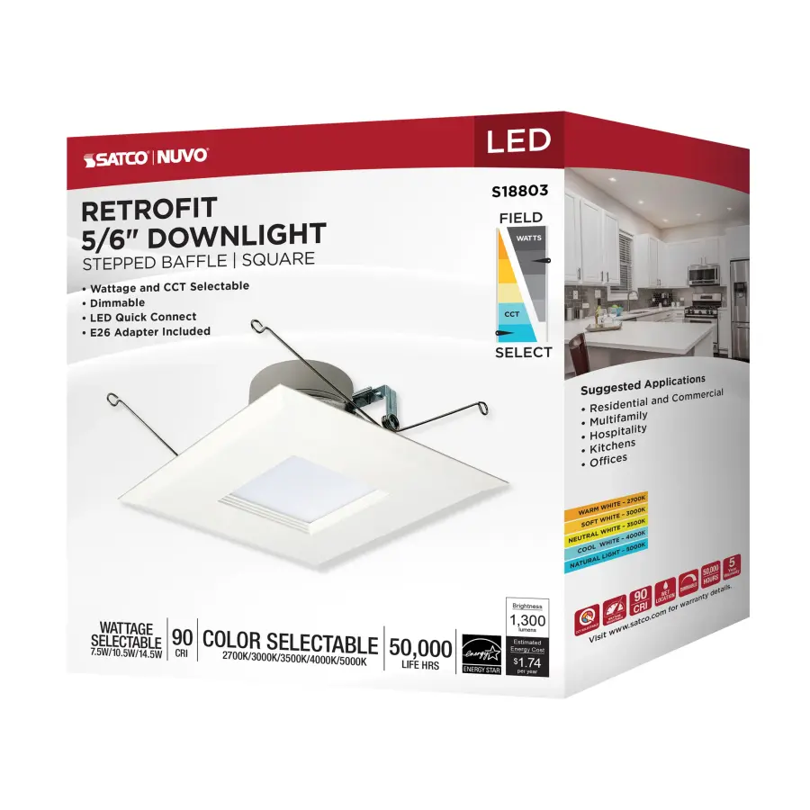 LED Retrofit Downlight - 7.5/10.5/14.5 Wattage Selectable - CCT and Lumens Selectable - 120 Volt - ColorQuick and PowerQuick Technology - Square - White Finish - Image 13