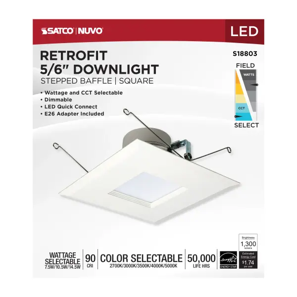 LED Retrofit Downlight - 7.5/10.5/14.5 Wattage Selectable - CCT and Lumens Selectable - 120 Volt - ColorQuick and PowerQuick Technology - Square - White Finish - Image 9