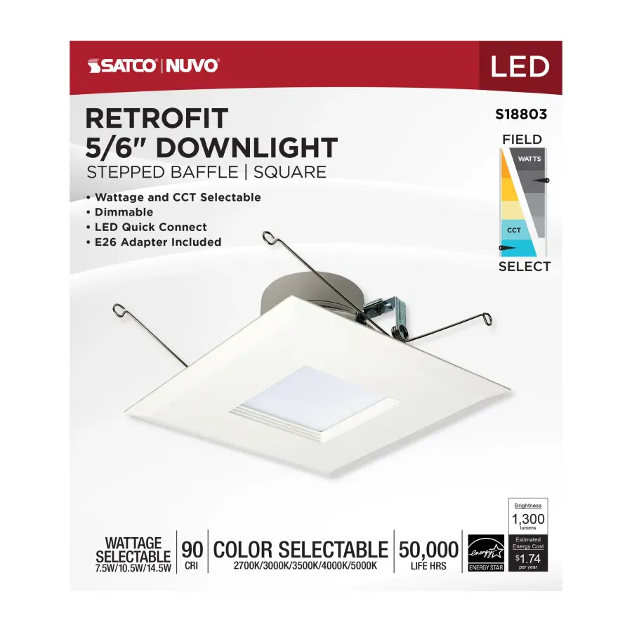 LED Retrofit Downlight - 7.5/10.5/14.5 Wattage Selectable - CCT and Lumens Selectable - 120 Volt - ColorQuick and PowerQuick Technology - Square - White Finish - Image 9