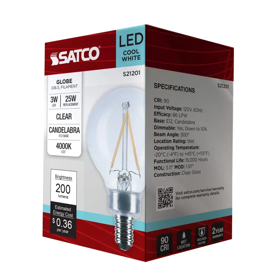 3 Watt G16.5 LED Filament - Clear - Candelabra base - 90 CRI - 4000K - 120 Volt - Image 9