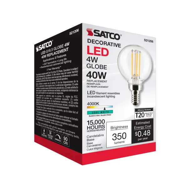 4 Watt G16.5 LED Filament - Clear - Candelabra base - 90 CRI - 4000K - 120 Volt - Image 9